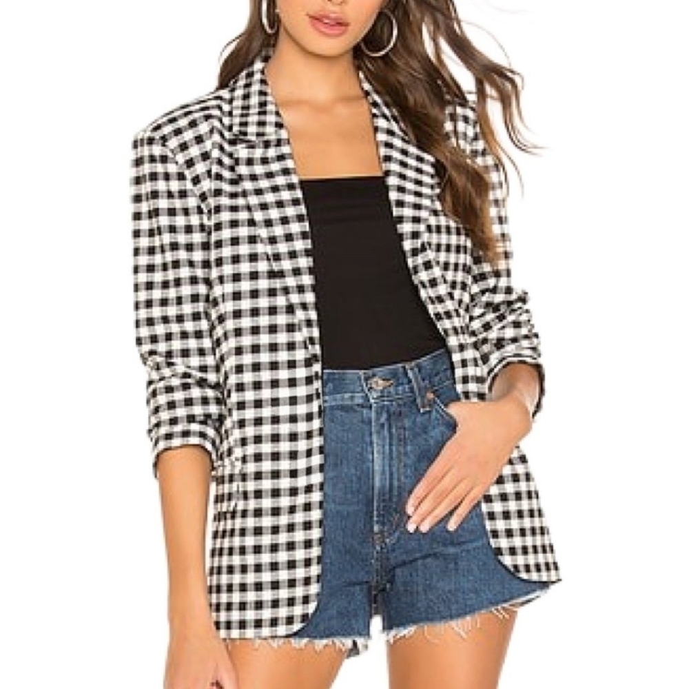 Rachel Zoe Gingham Open Front Blazer Jacket Ruched Sleeves XL
